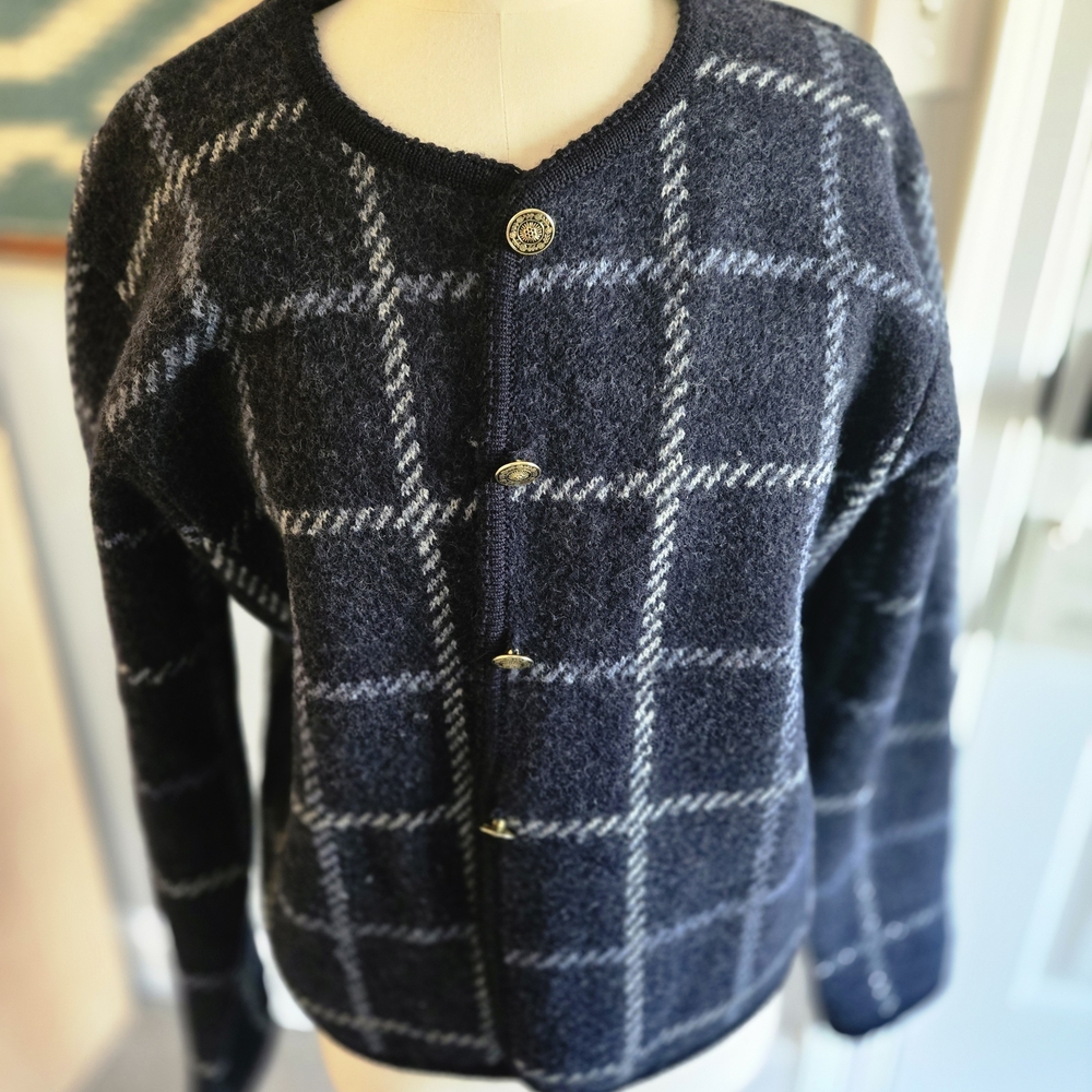 Tally Ho Navy Blue Plaid Cardigan Sweater Boiled Wool Women's Size L Vintage
